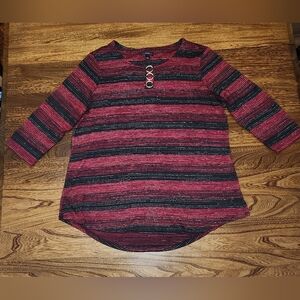 Cocomo~Womens~Top~L~Claret/Black/Gold Metallic Stripes Grommet V-Neck~3/4 Sleeve